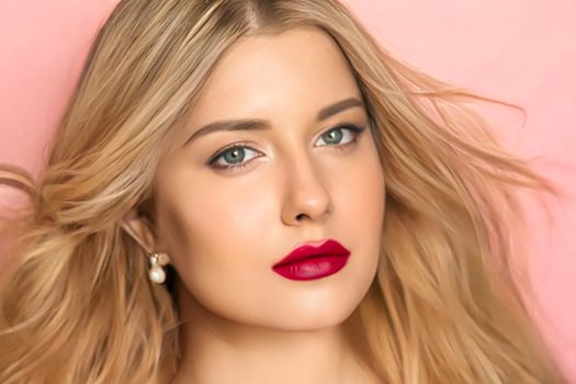 Beauty, makeup and hairstyle, beautiful blonde woman with red matte lipstick make up on pink background as bridal make-up look, fashion and glamour model face portrait for cosmetics, skincare and hair care brand