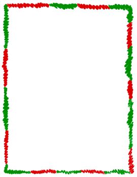 Hand drawn Christms frame with red green traditional ornaments and empty copyspace. December winter xmas decoration border, season holiday decor edge design, simple minimalist style doodle cartoon