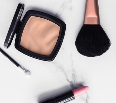 Modern feminine lifestyle, blog background and styled stock concept. Beauty and fashion inspiration - Make-up and cosmetics flatlay on marble