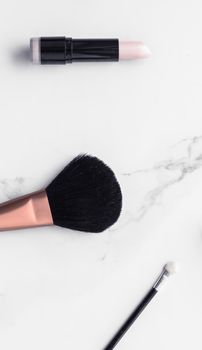 Modern feminine lifestyle, blog background and styled stock concept. Beauty and fashion inspiration - Make-up and cosmetics flatlay on marble