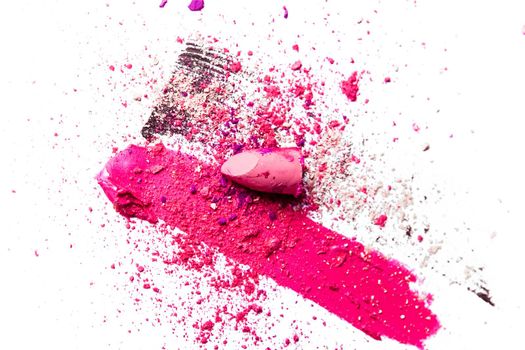 Beauty texture, cosmetic product and art of make-up concept - Lipstick smudge, mascara stroke and crushed eyeshadow isolated on white background