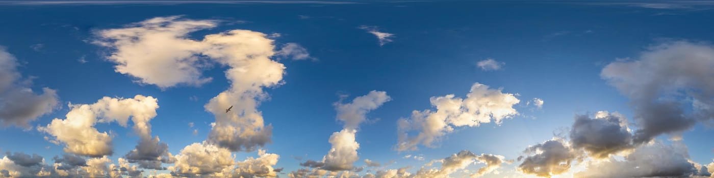 Sky panorama with Cirrus clouds in Seamless spherical equirectangular format. Full zenith for use in 3D graphics, game and editing aerial drone 360 degree panoramas for sky replacement