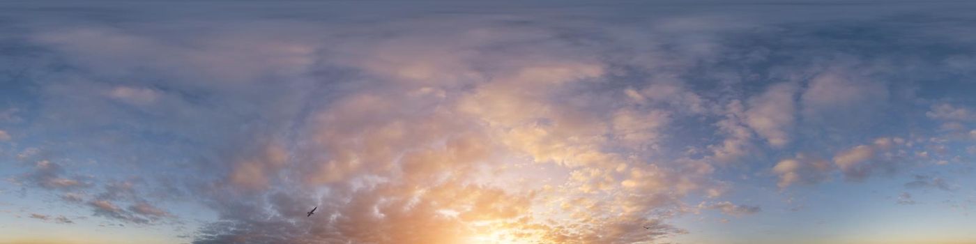 Dark blue sunset sky panorama with pink Cumulus clouds. Seamless hdr 360 pano in spherical equirectangular format. Full zenith for 3D visualization, game, sky replacement for aerial drone panoramas