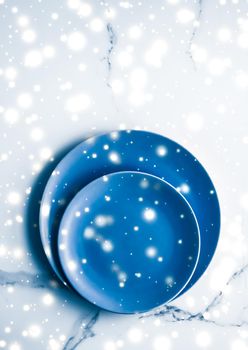 Recipe design, restaurant menu and festive decor concept - Blue empty plate on marble table flatlay background, tableware decoration for holiday dinner in Christmas time