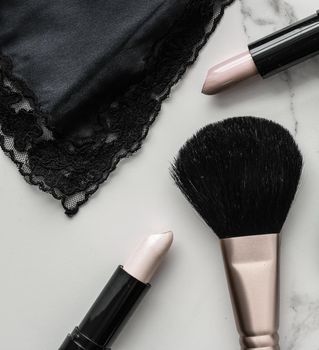 Make-up and cosmetics products on marble, flatlay background - modern feminine lifestyle, beauty blog and fashion inspiration concept