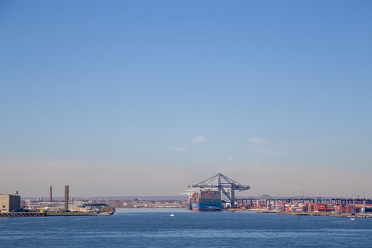 Bayonne, United States - November 18, 2021: A container ship at GCT Bayonne container terminal