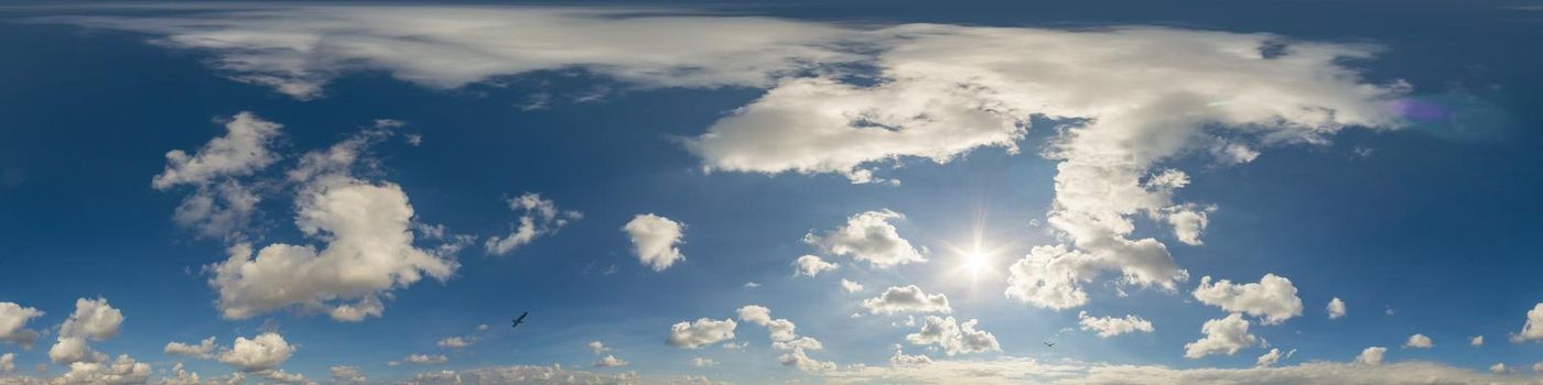 Sky panorama with Cirrus clouds in Seamless spherical equirectangular format. Full zenith for use in 3D graphics, game and editing aerial drone 360 degree panoramas for sky replacement