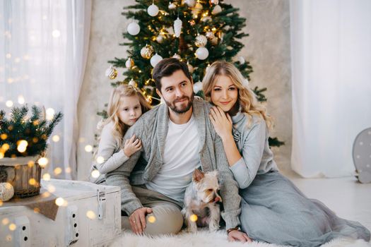 Happy family: mom, dad and pet. Family in a bright New Year's interior with a Christmas tree.