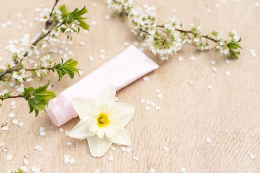 Blank white cosmetics tube and spring flowering tree branch with white flowers on pastel background. Front view.