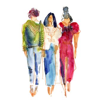 Hand watercolor illustration: a company of girls in fashionable clothes