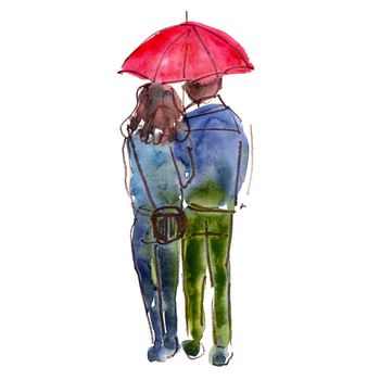 Hand drawn watercolor illustration: couple man and woman walking under an umbrella.