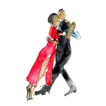 Watercolor illustration: man and woman dancing tango