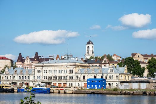 Vyborg, Leningrad region, Russia. - August 27, 2022. Panorama of the city from the embankment. Selective focus.