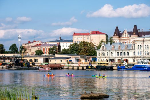 Vyborg, Leningrad region, Russia. - August 27, 2022. Panorama of the city from the embankment. Selective focus.