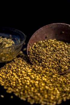 Close shot of mung bean or moong dal in a clay bowl along with some water and moong dal well mixed on a black glossy surface.Vertical shot with Rembrandt lighting technique.