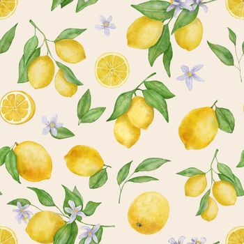 Lemon fruits with leaves and flower watercolor seamless pattern on beige background