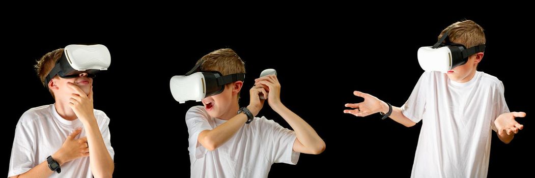 Set of young people with virtual reality glasses on color background. Cyber technology and new virtual reality. VR Goggles to interact with metaverse, banner