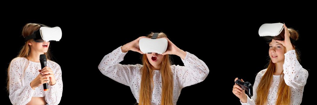 vr gooles and girl. Young woman in white shirt and jeans wearing virtual googles. Woman standing with folded hands. Cyber technology and new virtual reality. metaverse and young generation banner on black background