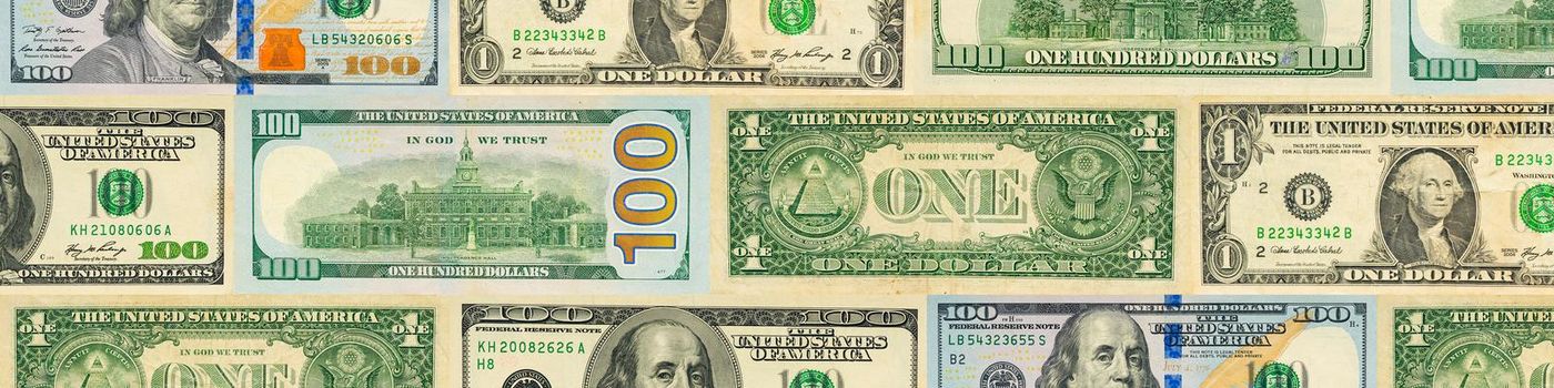 USD banknotes creative layout. Background from United States banknotes, usd. United States dollars of different denominations abstract background