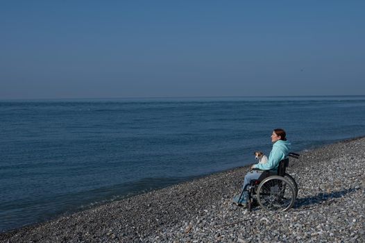 A serene Caucasian woman in a wheelchair is resting on the seashore with a jack russell terrier dog