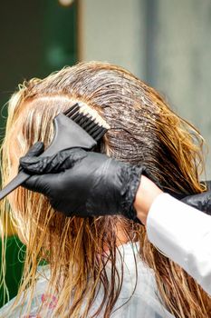 Hand of a hairdresser in black gloves applying dye to the female hair in a beauty salon