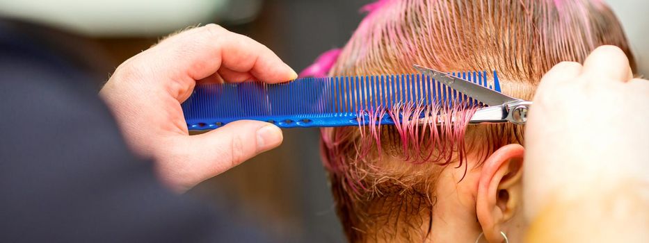 Young caucasian woman with pink hair getting a short haircut by a male hairdresser's hands in a hairdressing salon