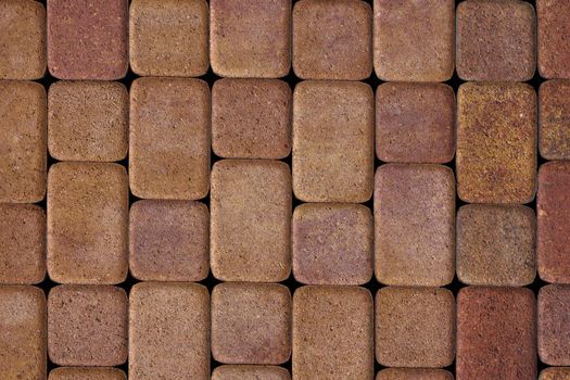 flat texture and full-frame background of brown cuboid concrete brick pavement with rounded corners.