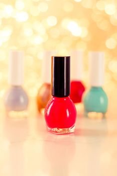 Beauty, make-up and cosmetics concept - Nail polish bottles, manicure and pedicure collection