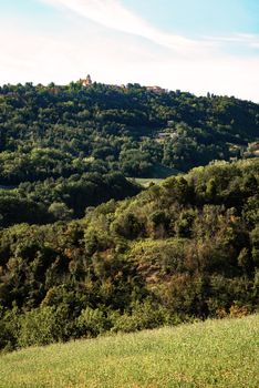 View of fields under Belvedere Fogliense, Region Marche of Italy. In the background appears the medieval city of Mondaino