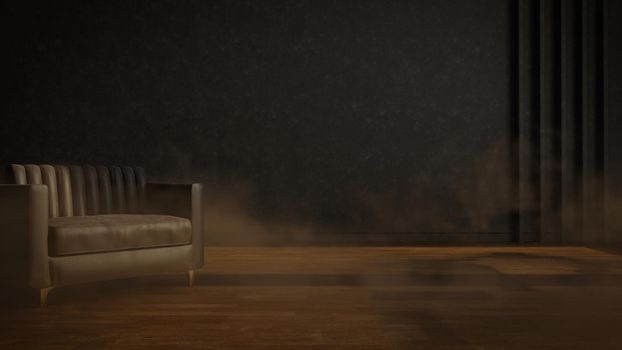 Grungy Smoke Living Room with Sofa Brown Vintage Gloomy 3D Render