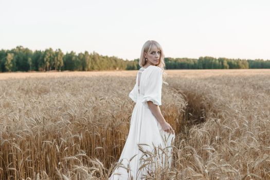 A blonde woman in a long white dress walks in a wheat field. The concept of a wedding and walking in nature.