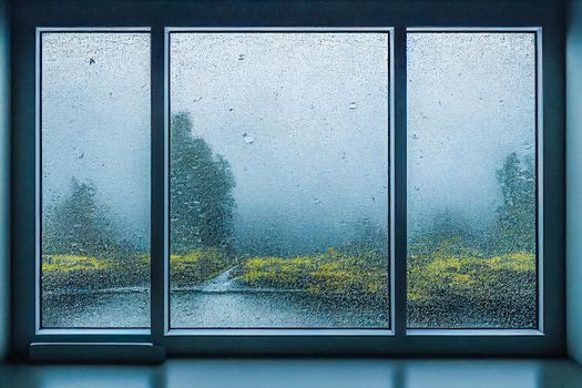 3D Render digital art painting of raining outside the window with selective focused and blurred.