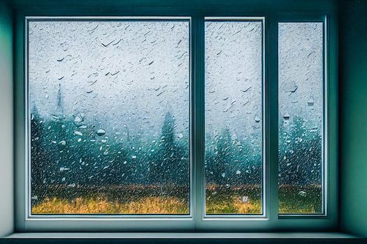 3D Render digital art painting of raining outside the window with selective focused and blurred.