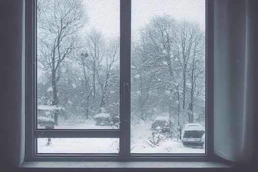 3D Render digital art painting of snow outside the window with selective focused and blurred.