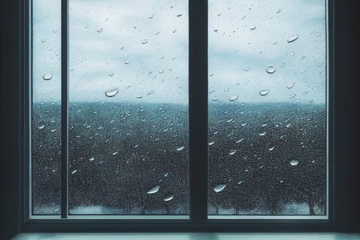 3D Render digital art painting of raining outside the window with selective focused and blurred.
