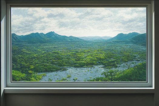 3D Render digital art painting of mountain view outside the window with selective focused and blurred.