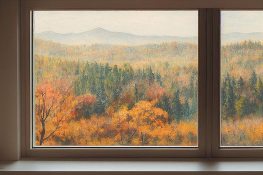 3D Render digital art painting of autumn outside the window with selective focused and blurred.