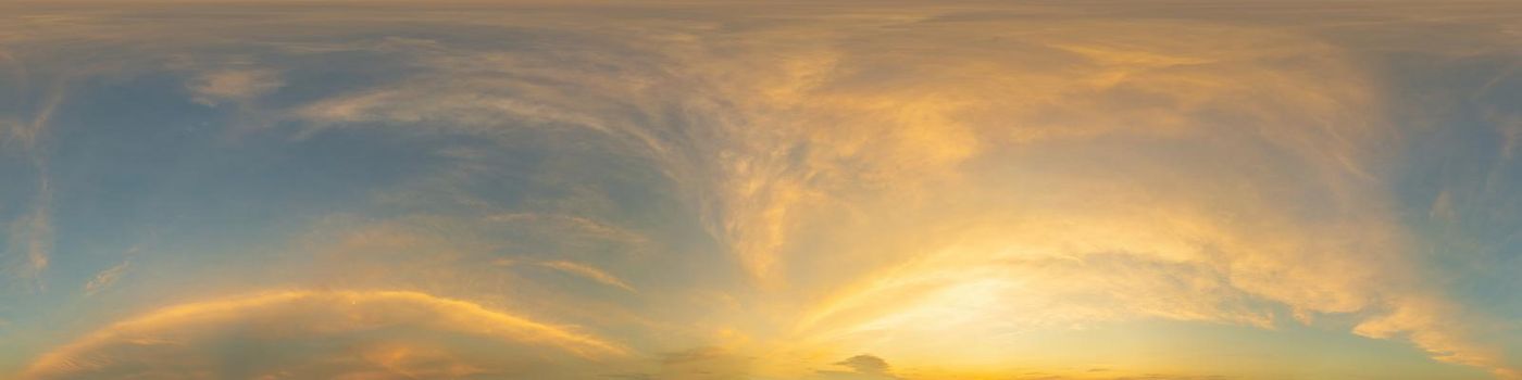 Sky panorama with Cirrus clouds in Seamless spherical equirectangular format. Full zenith for use in 3D graphics, game and editing aerial drone 360 degree panoramas for sky replacement