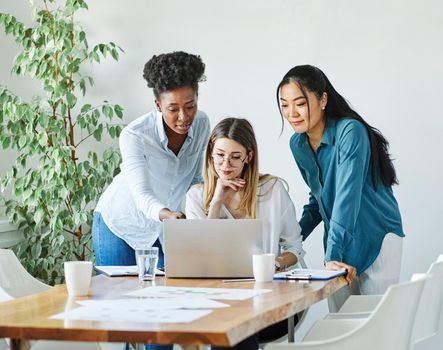 Portrait of a group of young businesswomen multiethnic working with laptop on desk and talking in a start up office