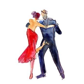 Watercolor illustration: man and woman dancing tango