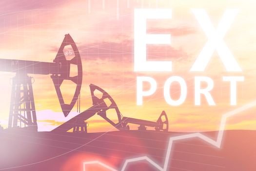 Export of oil. Increase in the export of oil products abroad. Oil derricks and profit growth chart. Price increase.