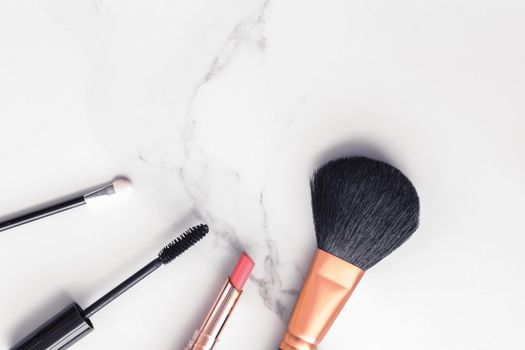 Modern feminine lifestyle, blog background and styled stock concept. Beauty and fashion inspiration - Make-up and cosmetics flatlay on marble