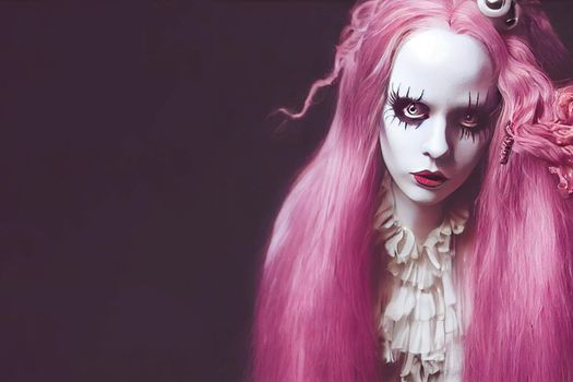 3D render, selective focused, blurred, Spooky portrait pale white humanoid of a woman with light blonde and pink hair in halloween makeup.