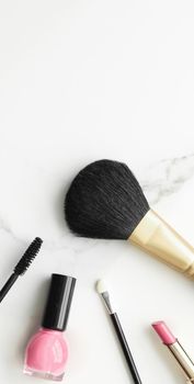 Make-up and cosmetics products on marble, flatlay background - modern feminine lifestyle, beauty blog and fashion inspiration concept