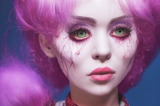 3D render, selective focused, blurred, Spooky portrait pale white humanoid of a woman with light blonde and pink hair in halloween makeup.