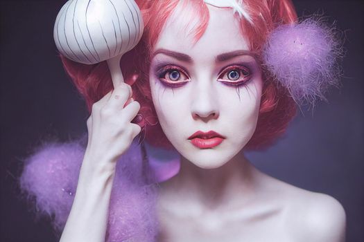 3D render, selective focused, blurred, Spooky portrait pale white humanoid of a woman with light blonde and pink hair in halloween makeup.