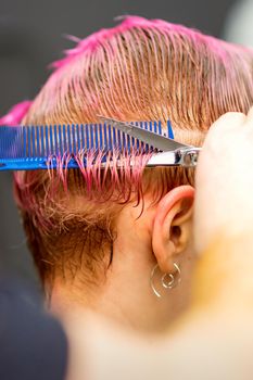 Young caucasian woman with pink hair getting a short haircut by a male hairdresser's hands in a hairdressing salon