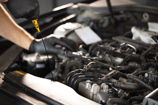 Car oil quality. Inspection of the engine and checking motor oil level. Man checks the car oil level with dipstick. Close-up of automotive mechanic checks the oil level on the car engine dipstick.