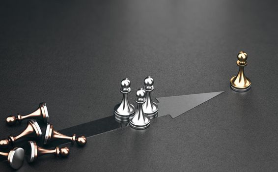 3D illustration of golden, silver and bronze pawns over black background. Concept of leadership strategy and competitive advantage.