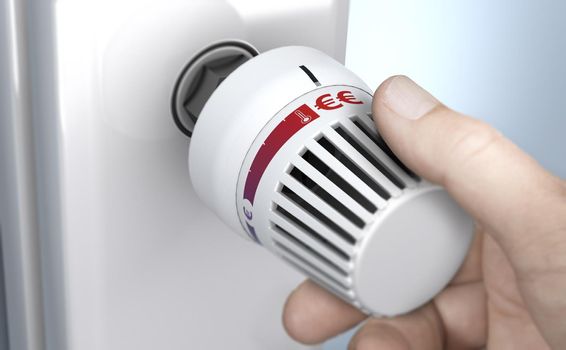 Man setting thermostat temperature to the higher position. Composite image between a 3d illustration and a photography.